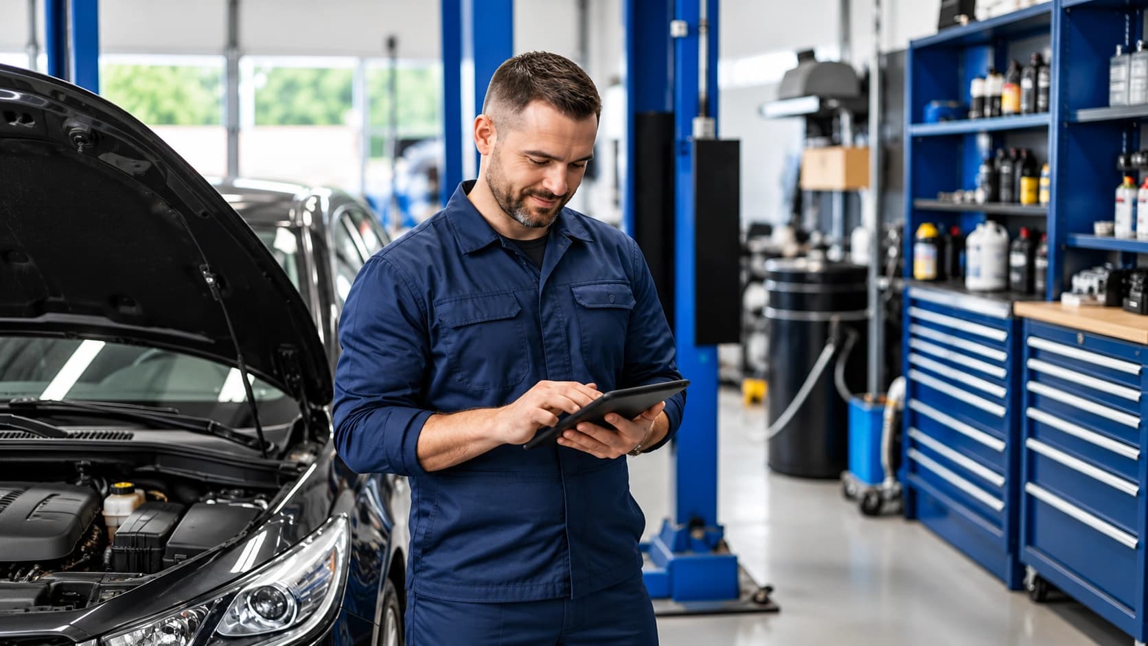 Mechanic using a tablet in a repair shop